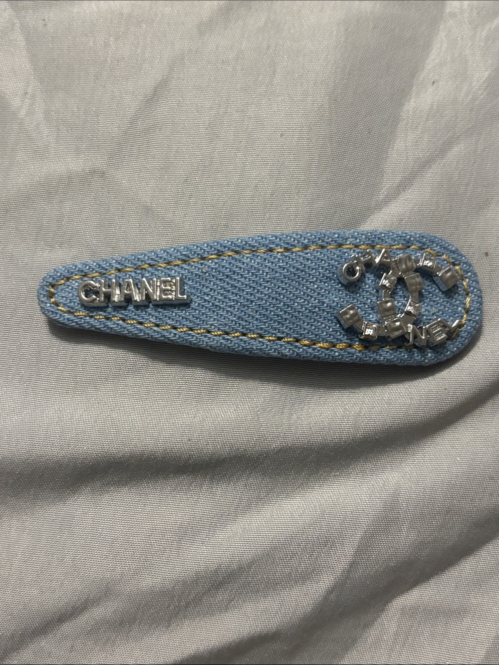 CHANEL Light Blue Denim Logo Snap Hair Clip